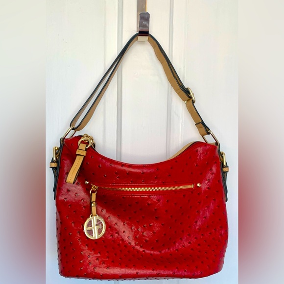 Giani Bernini Embossed Faux Ostrich Handbag - Red - Picture 1 of 17